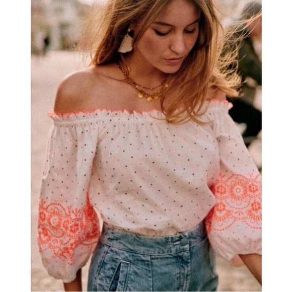 Sezane Women's Off-Shoulder White and Pink Top - Picture 1 of 6